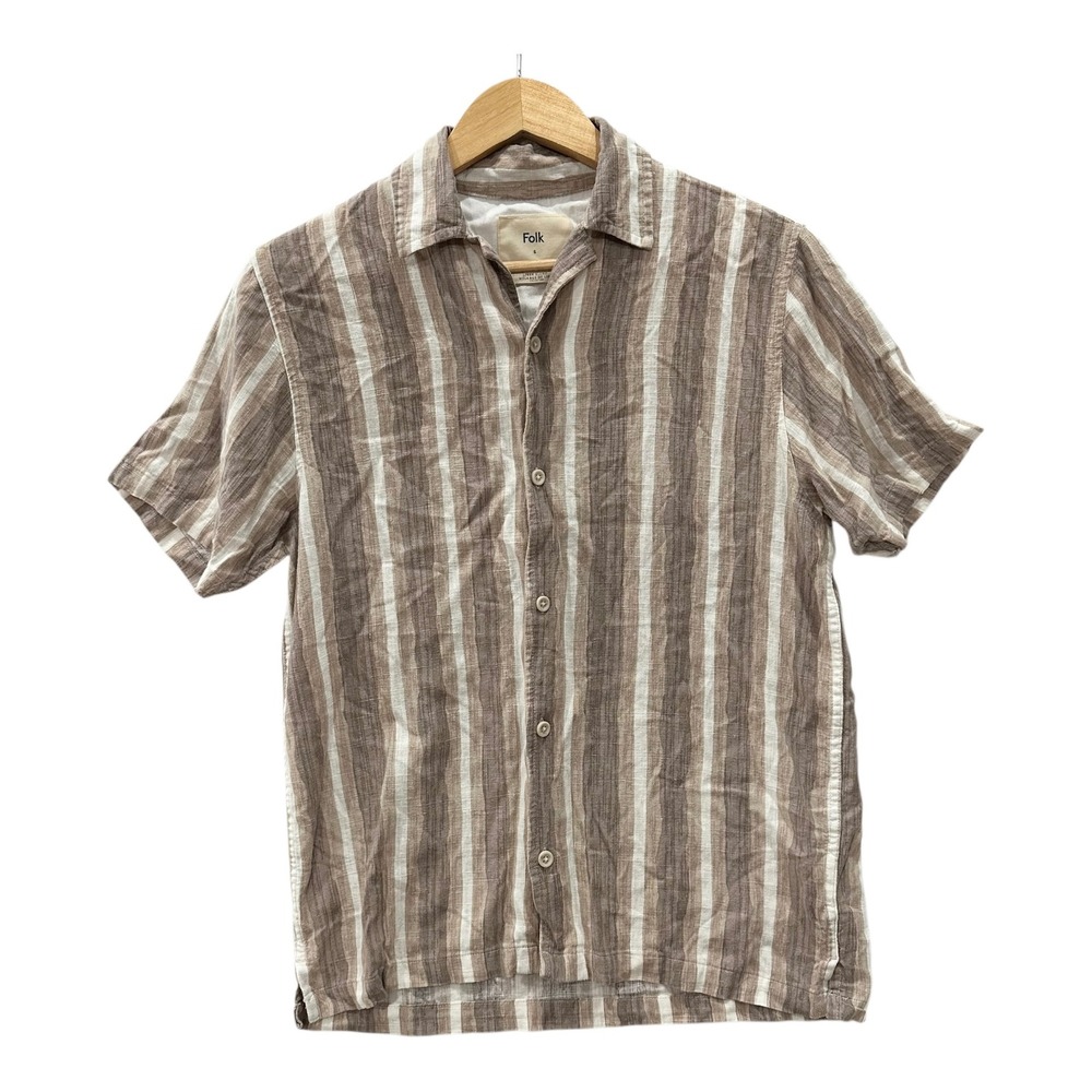 Folk Men's S Linen Shirt Brown White Stripe Short Sleeve Button Up Made Italy